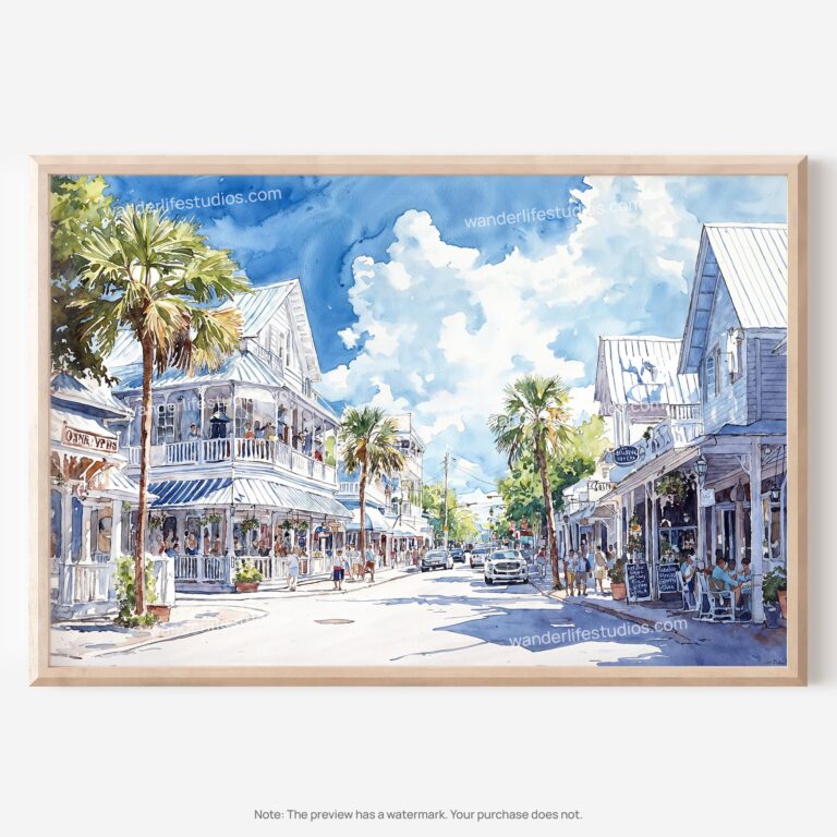 01 - 01 - Key West Florida Duval Street Watercolor - Horizontal Art - Digital Download - Main.jpg