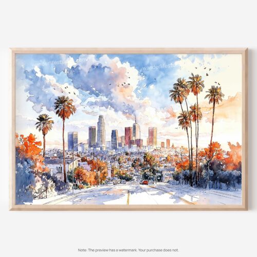 01 - 01 - Los Angeles Skyline Watercolor - Horizontal Art - Digital Download - Main.jpg