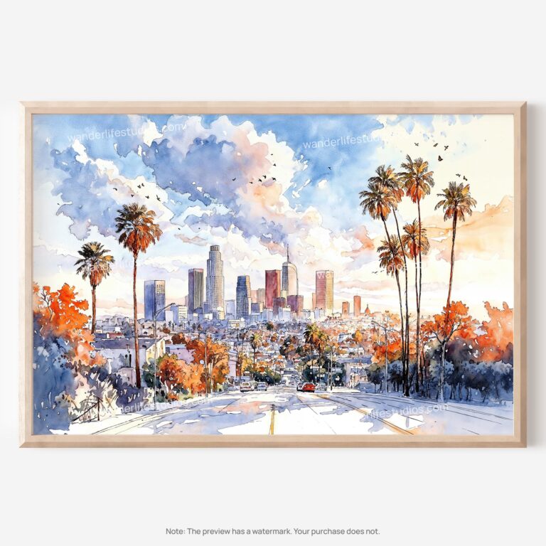 01 - 01 - Los Angeles Skyline Watercolor - Horizontal Art - Digital Download - Main.jpg