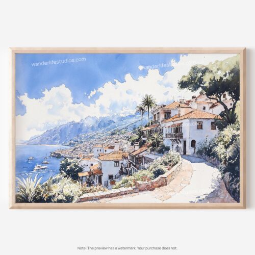 01 - 01 - Madeira Portugal Watercolor - Horizontal Art - Digital Download - Main.jpg