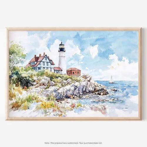 01 - 01 - Portland Maine Lighthouse Watercolor - Horizontal Art - Digital Download - Main.jpg