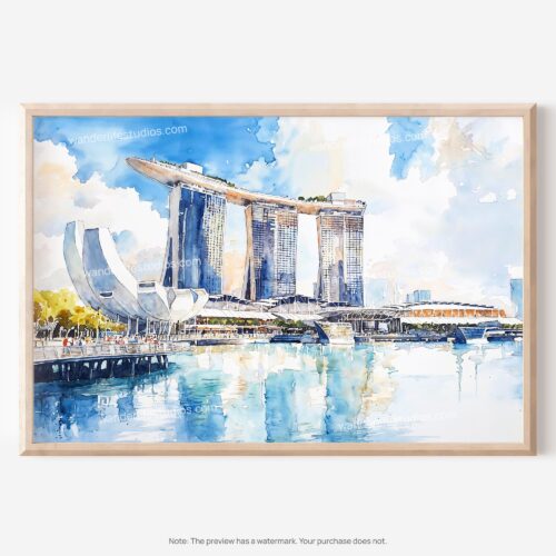 01 - 01 - Singapore Marina Bays Sands Watercolor - Horizontal Art - Digital Download - Main.jpg