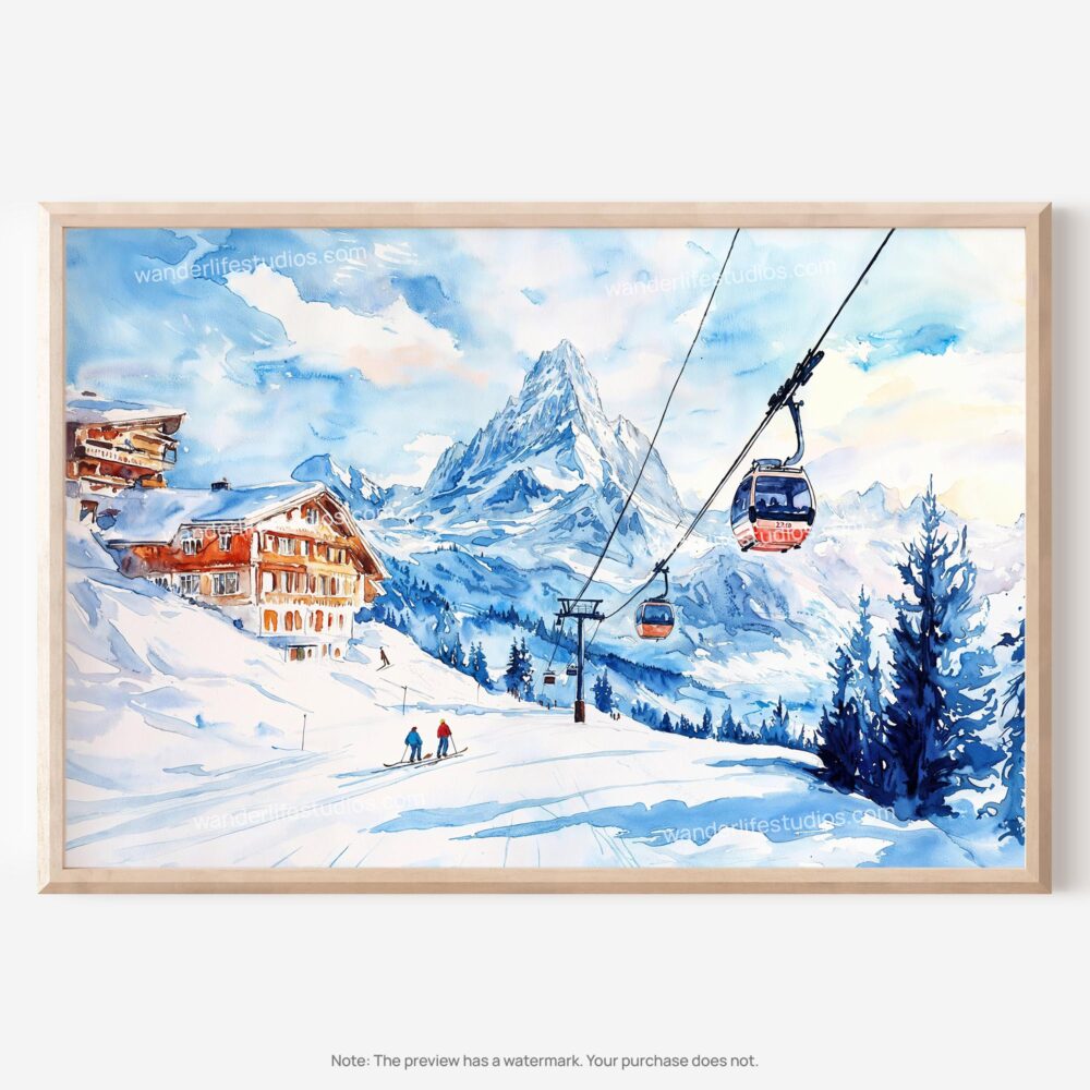 01 - 01 - Skiing in Swiss Alps Watercolor - Horizontal Art - Digital Download - Main.jpg