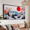 01 - Abstract Japanese Landscape with Mount Fuji Art - Panorama Canvas Print with Black Floater Frame - Main.jpg