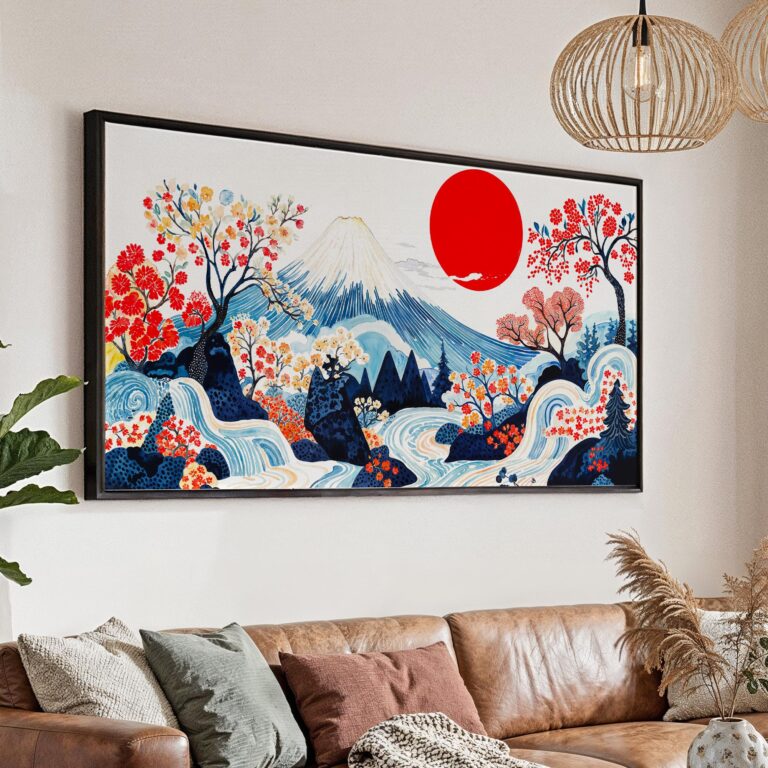 01 - Abstract Japanese Landscape with Mount Fuji Art - Panorama Canvas Print with Black Floater Frame - Main.jpg
