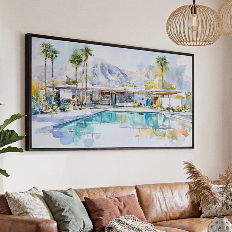 01 - Abstract Midcentury Palm Springs Watercolor - Panorama Canvas Print with Black Floater Frame - Main.jpg