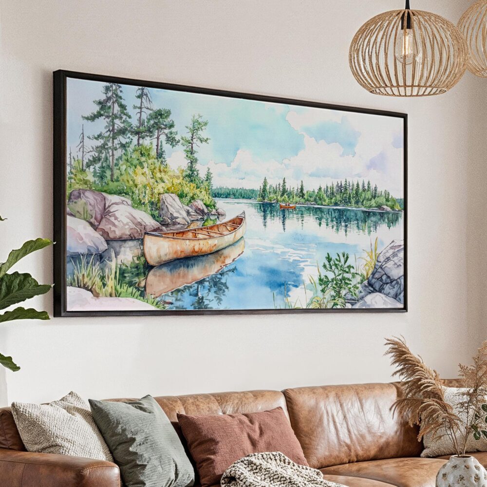 01 - Boundary Waters Watercolor - Panorama Canvas Print with Black Floater Frame - Main.jpg