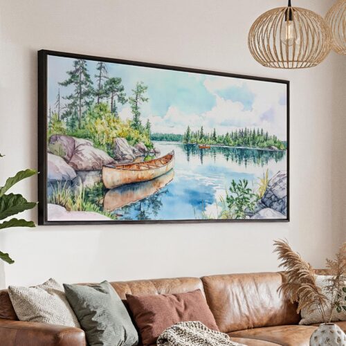 01 - Boundary Waters Watercolor - Panorama Canvas Print with Black Floater Frame - Main.jpg