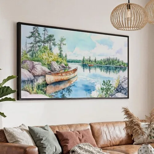 01 - Boundary Waters Watercolor - Panorama Canvas Print with Black Floater Frame - Main.jpg