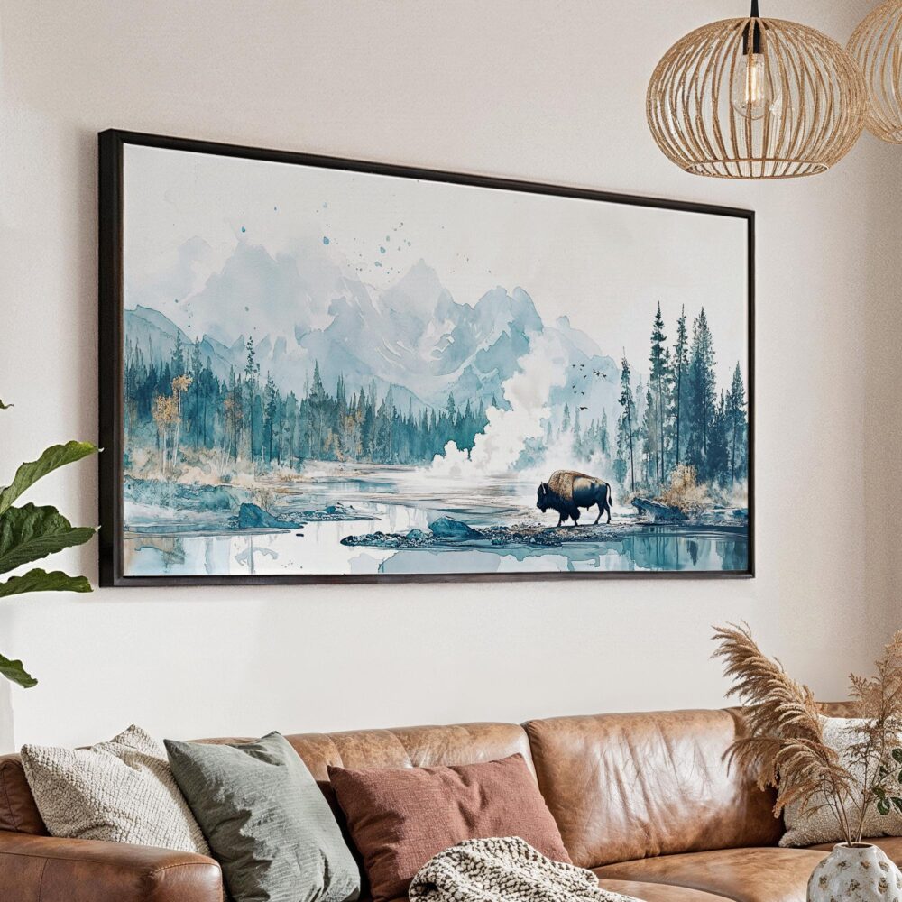 01 - Cold Yellowstone Bison Watercolor - Panorama Canvas Print with Black Floater Frame - Main.jpg 01 - Cold Yellowstone Bison Watercolor - Panorama Canvas Print with Black Floater Frame - Main.jpg