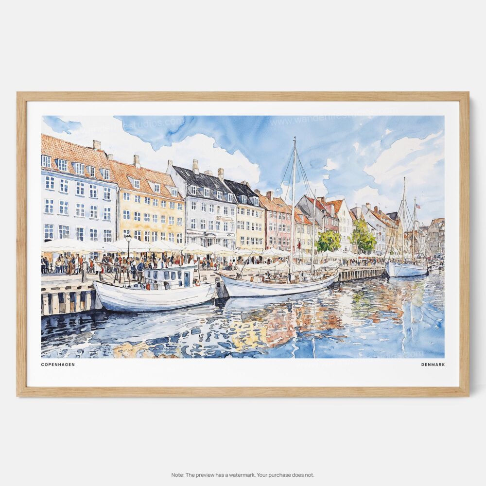 01 - Framed Copenhagen Denmark Harbor Watercolor - Horizontal Art Print - Main.jpg 01 - Framed Copenhagen Denmark Harbor Watercolor - Horizontal Art Print - Main.jpg