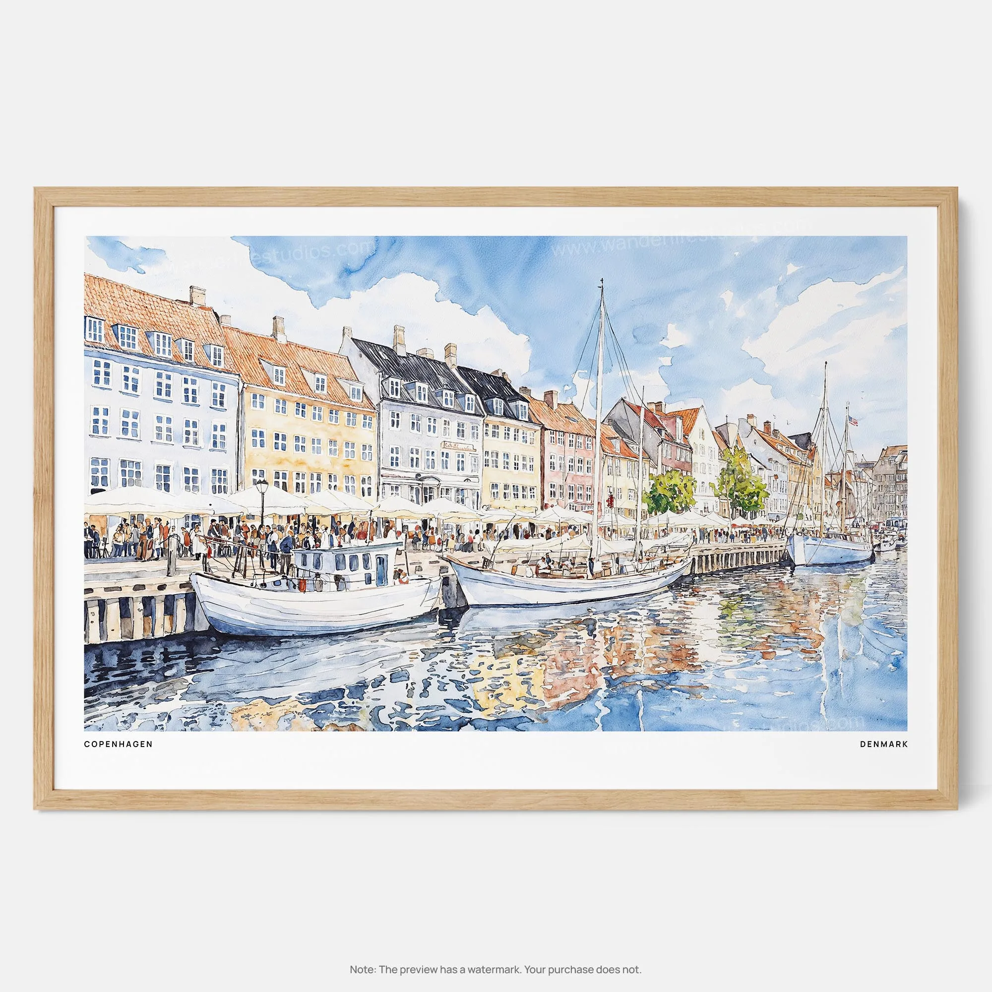Copenhagen Denmark Harbor Watercolor Art Print – Colorful Cityscape Wall Art