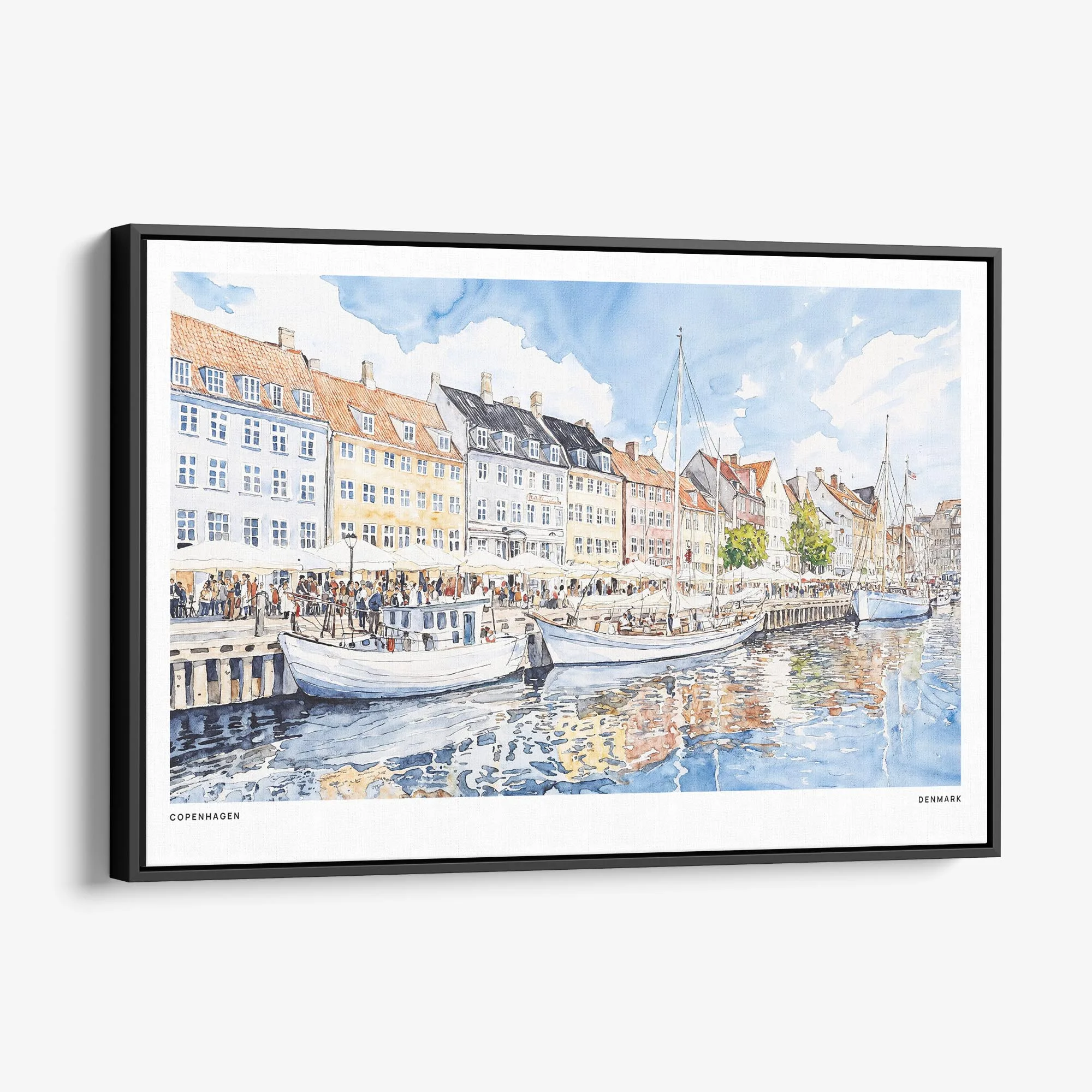 Copenhagen Denmark Harbor Watercolor Canvas Print – Charming Waterside Wall Art