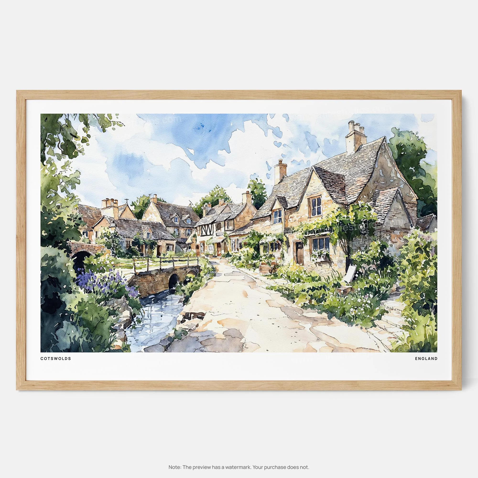 Cotswolds England Watercolor Art Print – Charming Village Landscape Wall Art