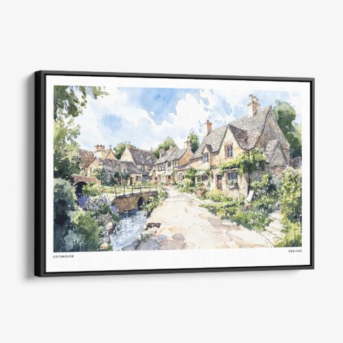 01 - Framed Cotswolds England Watercolor - Horizontal Canvas Print - Main.jpg
