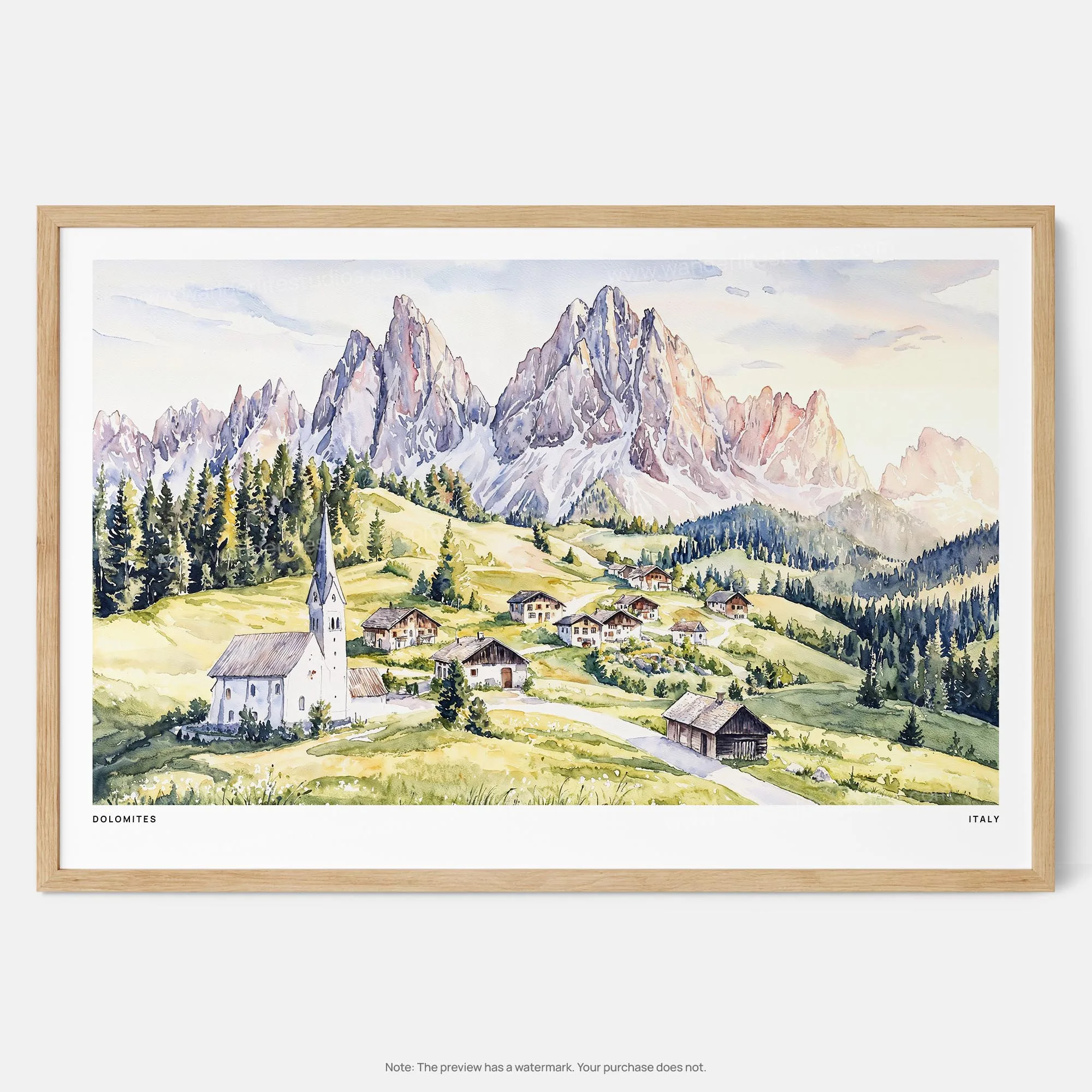 Dolomites Watercolor Art Print – Italian Mountain Landscape Wall Art