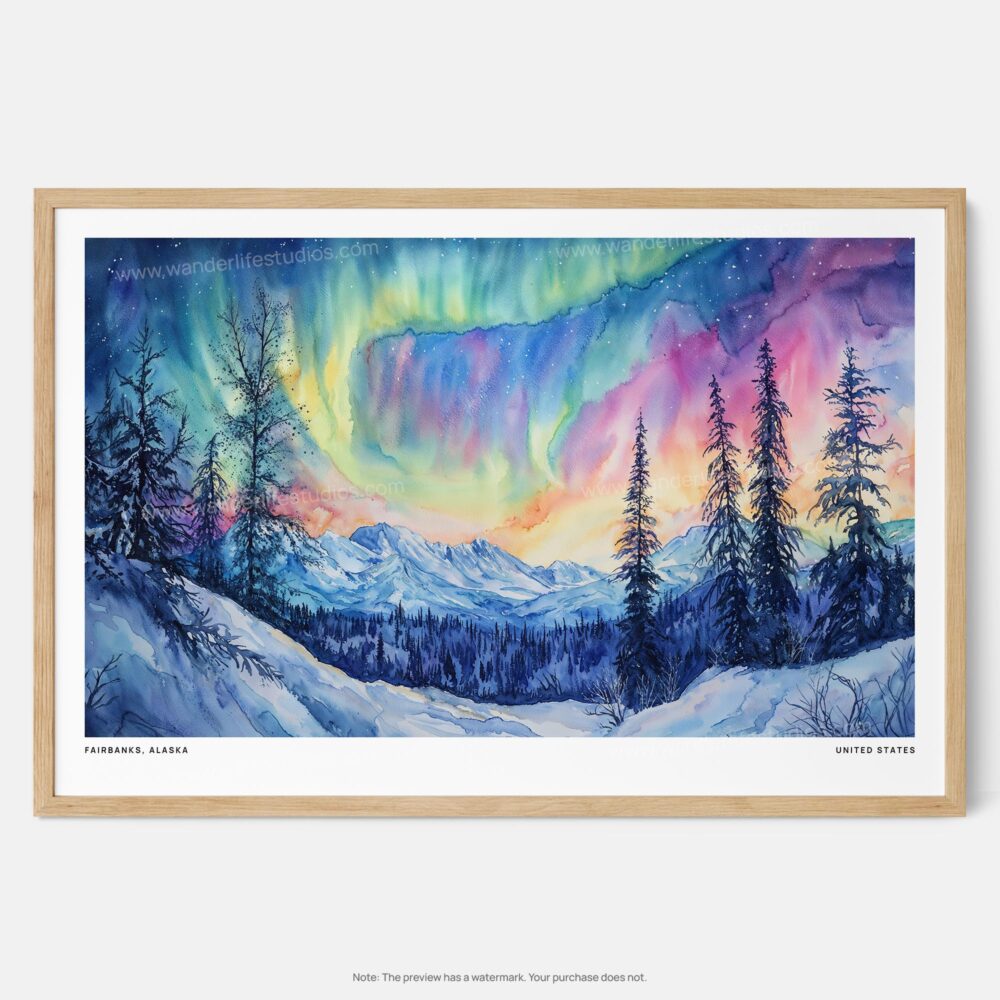 01 - Framed Fairbanks Alaska Northern Lights Watercolor - Horizontal Art Print - Main.jpg 01 - Framed Fairbanks Alaska Northern Lights Watercolor - Horizontal Art Print - Main.jpg