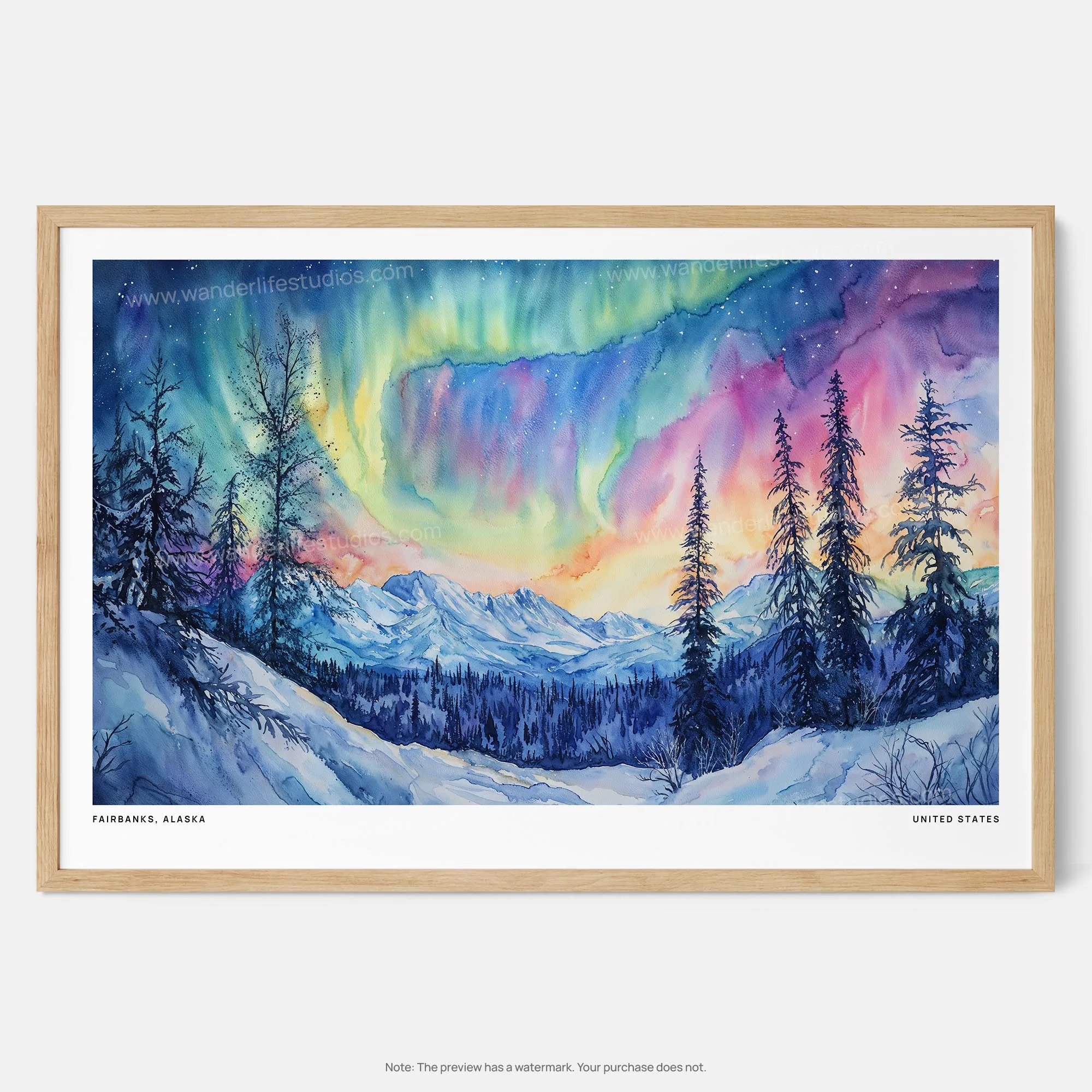 Fairbanks Alaska Northern Lights Watercolor Art Print – Majestic Mountain Landscape