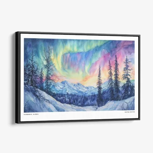 01 - Framed Fairbanks Alaska Northern Lights Watercolor - Horizontal Canvas Print - Main.jpg