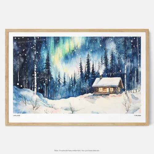 01 - Framed Finland Lapland Aurora Watercolor - Horizontal Art Print - Main.jpg