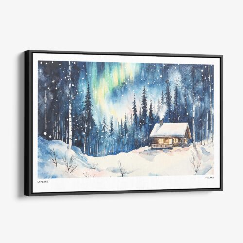01 - Framed Finland Lapland Aurora Watercolor - Horizontal Canvas Print - Main.jpg