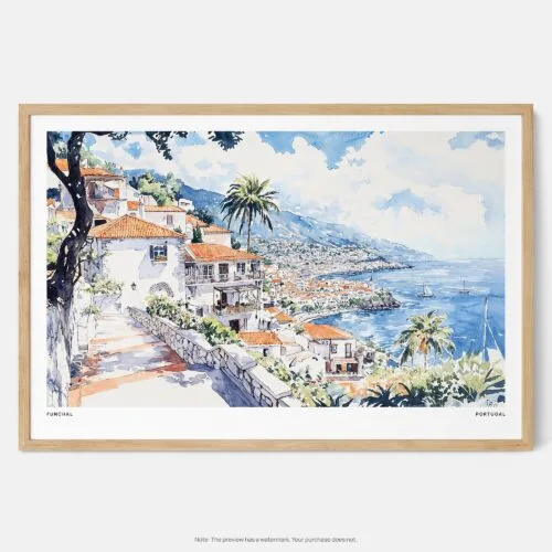 01 - Framed Funchal Portugal Watercolor - Horizontal Art Print - Main.jpg
