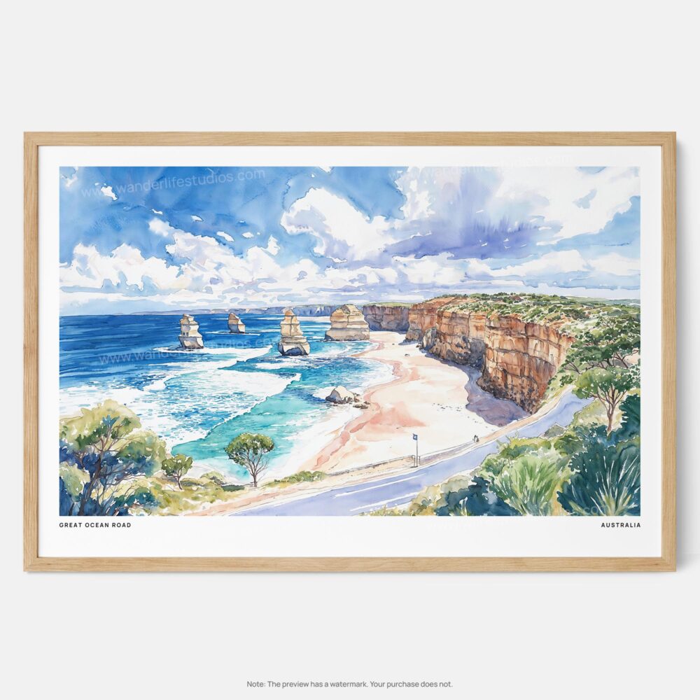 01 - Framed Great Ocean Road Australia Watercolor - Horizontal Art Print - Main.jpg 01 - Framed Great Ocean Road Australia Watercolor - Horizontal Art Print - Main.jpg