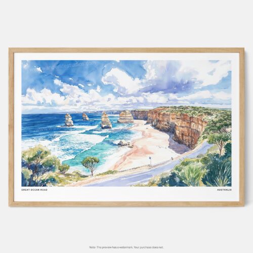 01 - Framed Great Ocean Road Australia Watercolor - Horizontal Art Print - Main.jpg