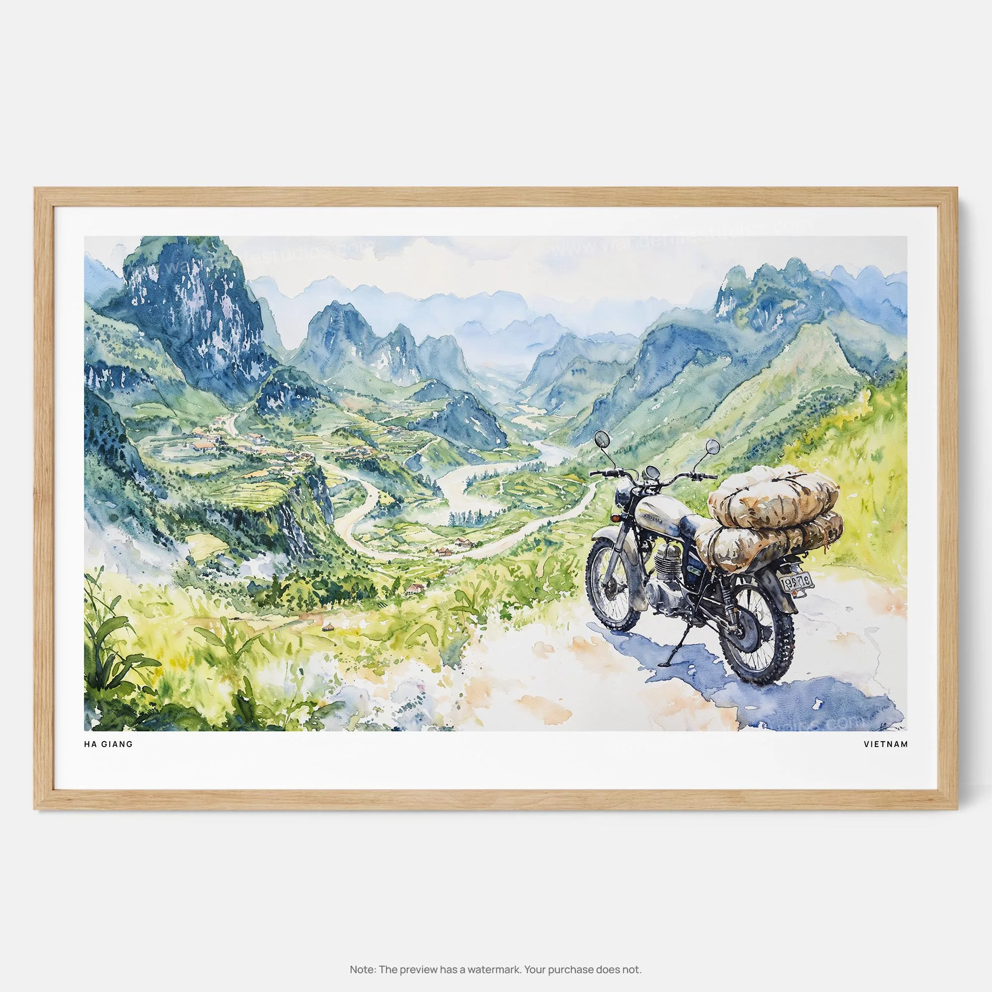 Ha Giang Loop Watercolor Art Print – Scenic Vietnam Landscape with Motorcycle