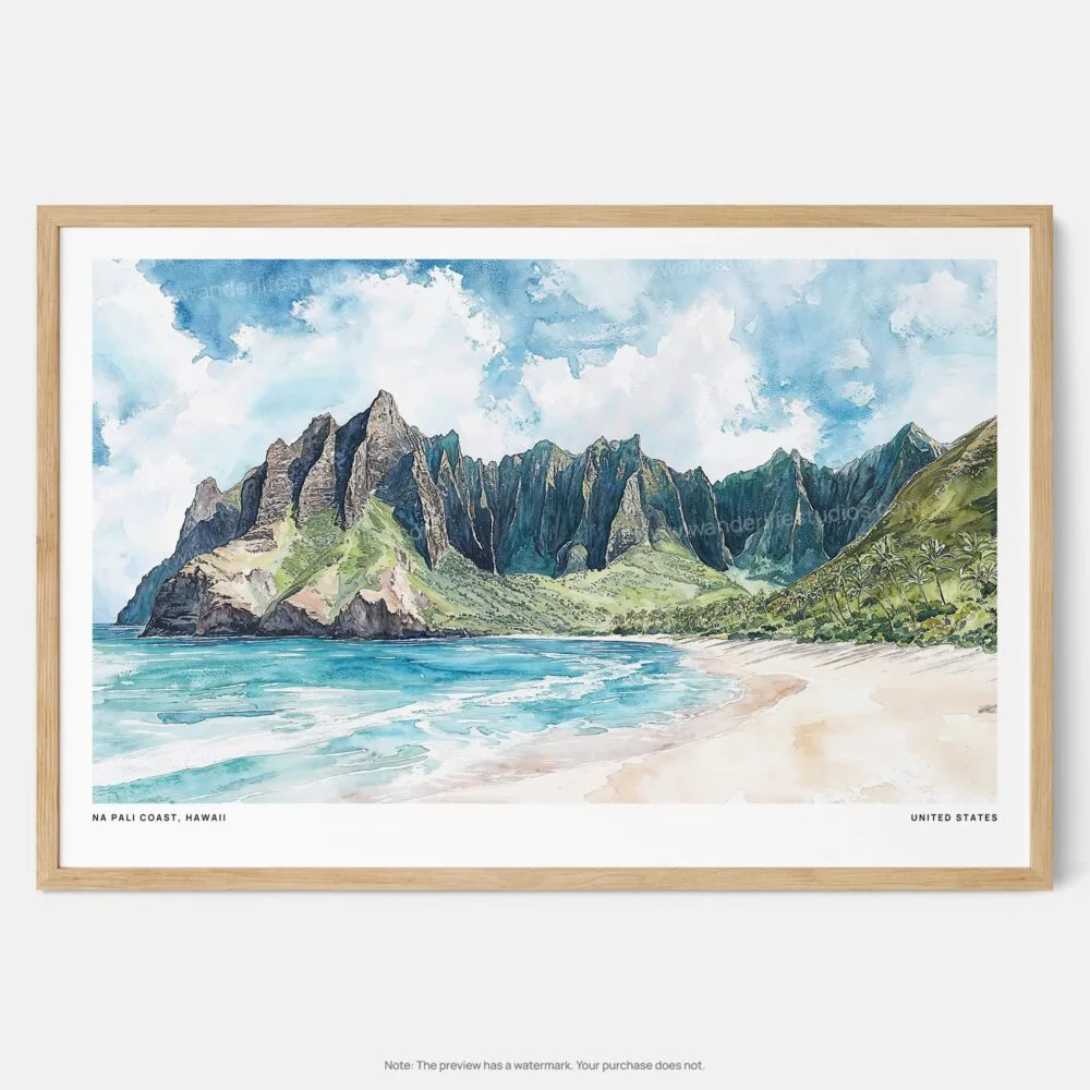 01 - Framed Haiwaii Na Pali Coast Watercolor - Horizontal Art Print - Main.jpg 01 - Framed Haiwaii Na Pali Coast Watercolor - Horizontal Art Print - Main.jpg