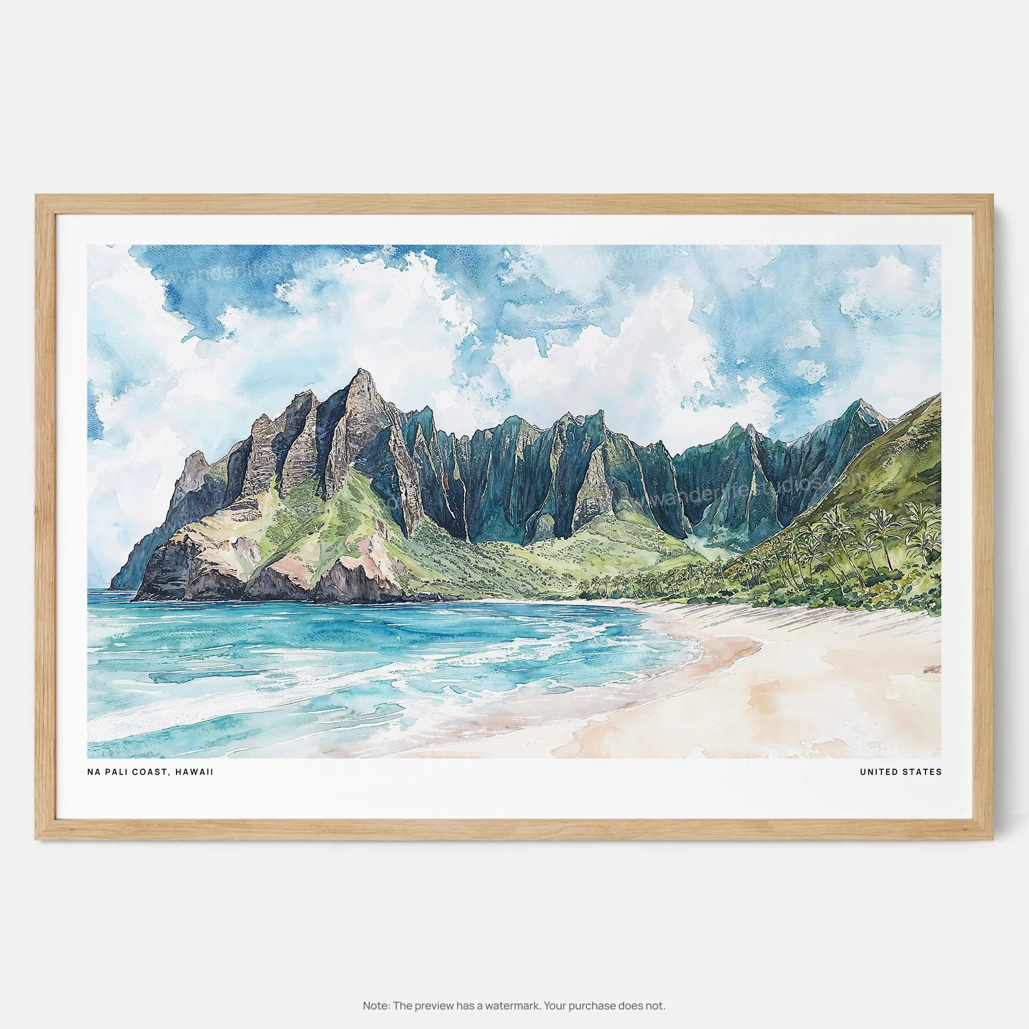 Na Pali Coast Watercolor Art Print – Scenic Hawaiian Landscape Wall Art