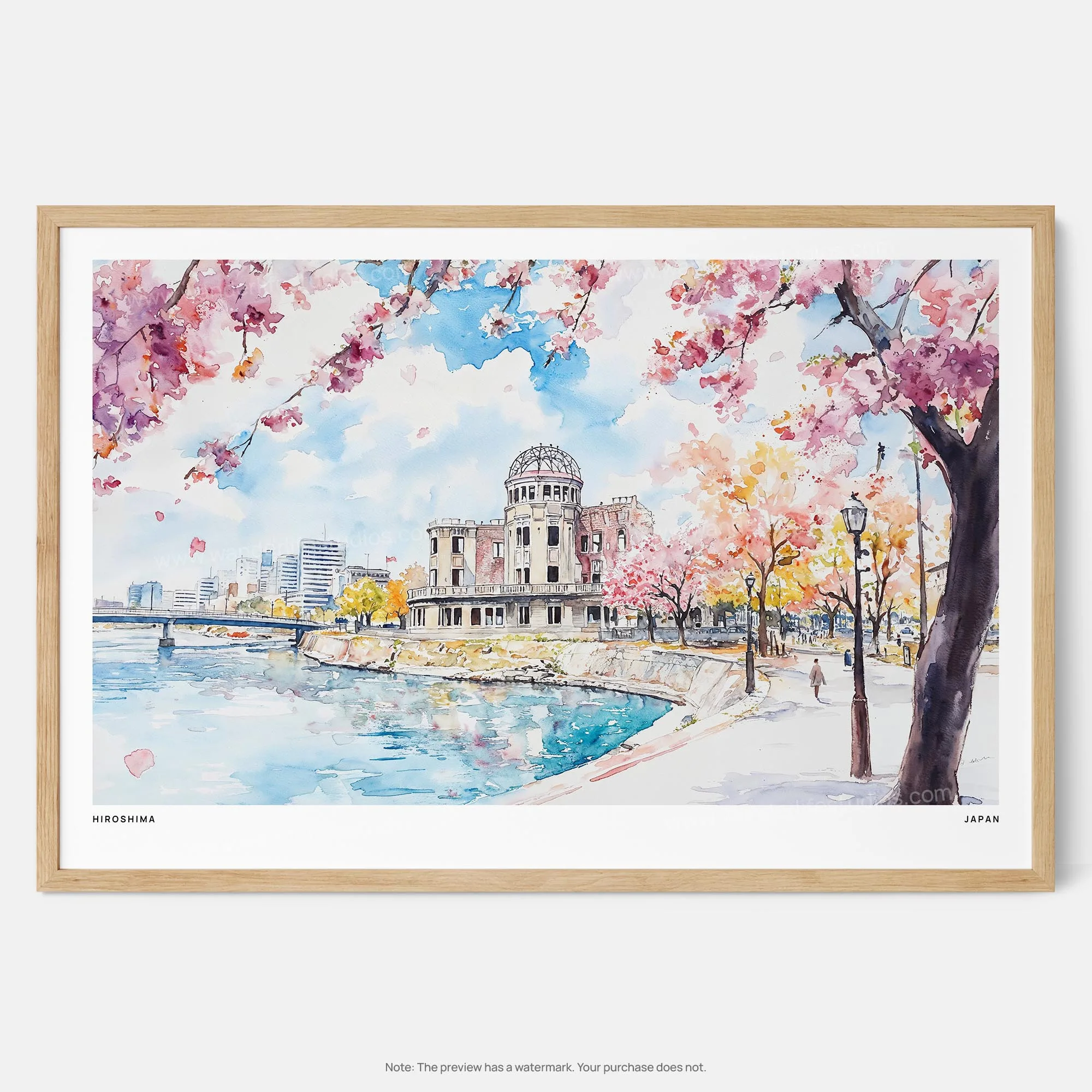 Hiroshima Watercolor Art Print – Cherry Blossom Landscape with Iconic Atomic Dome