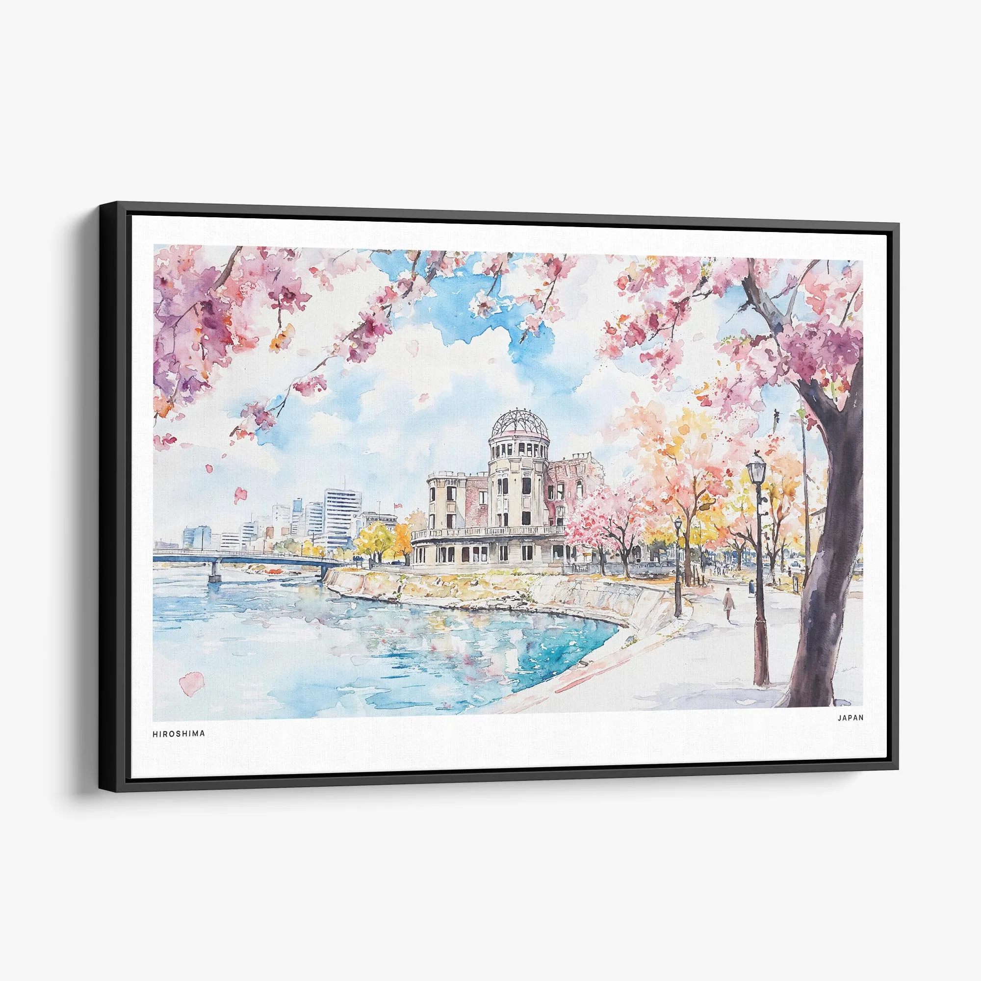 Hiroshima Japan Canvas Print – Watercolor Landscape with Cherry Blossoms
