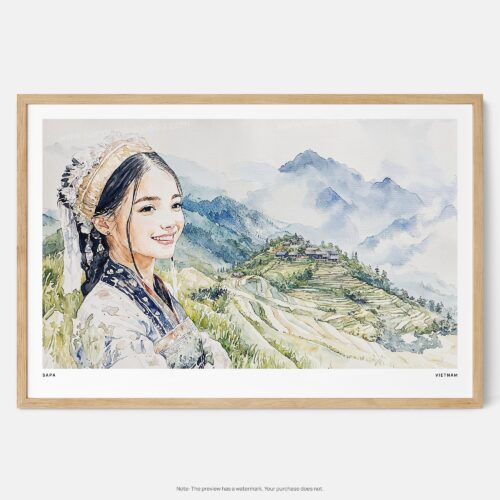 01 - Framed Hmong Woman in Sapa Vietnam Watercolor - Horizontal Art Print - Main.jpg