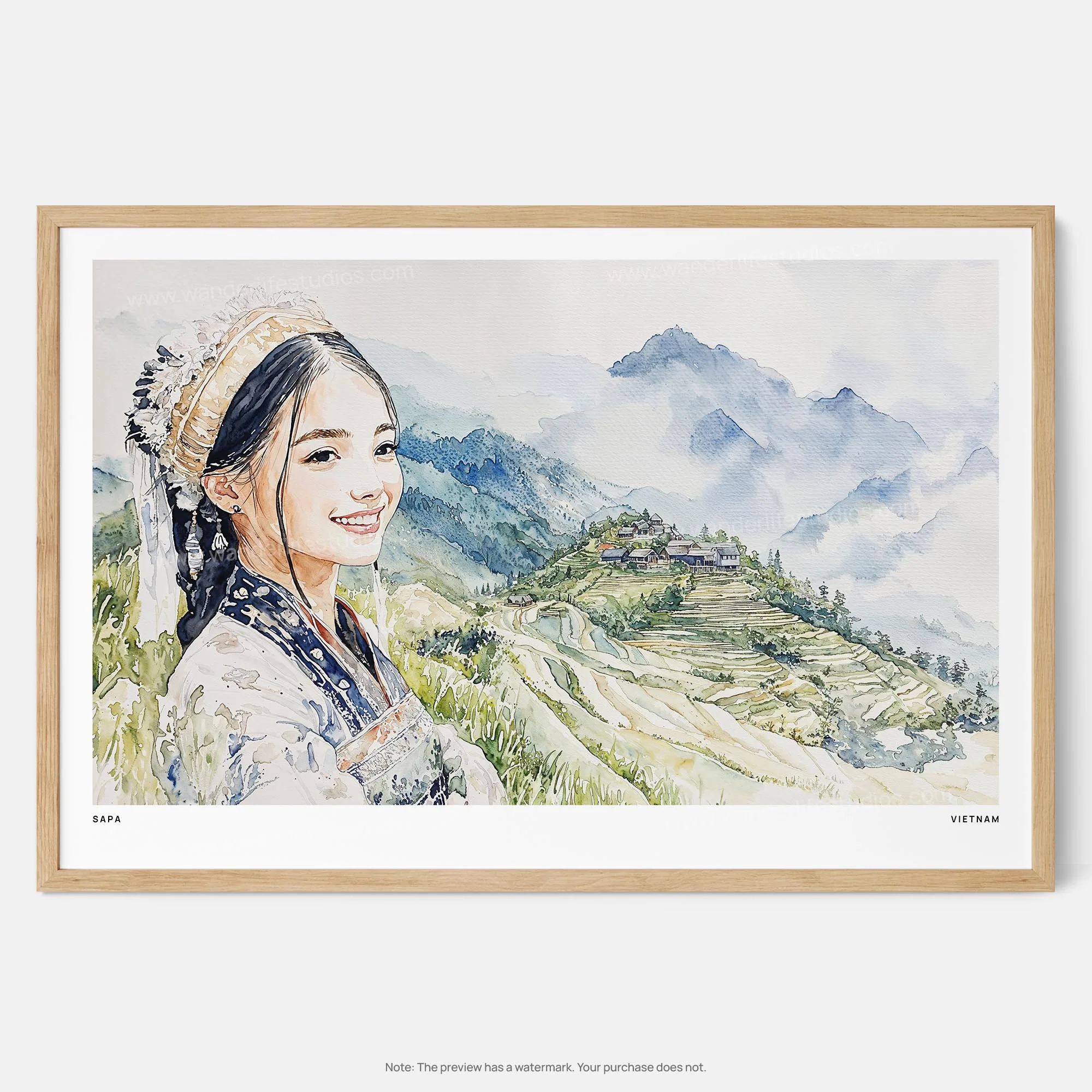 Hmong Woman in Sapa, Vietnam Watercolor Art Print – Captivating Cultural Landscape