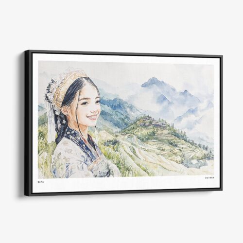 01 - Framed Hmong Woman in Sapa Vietnam Watercolor - Horizontal Canvas Print - Main.jpg