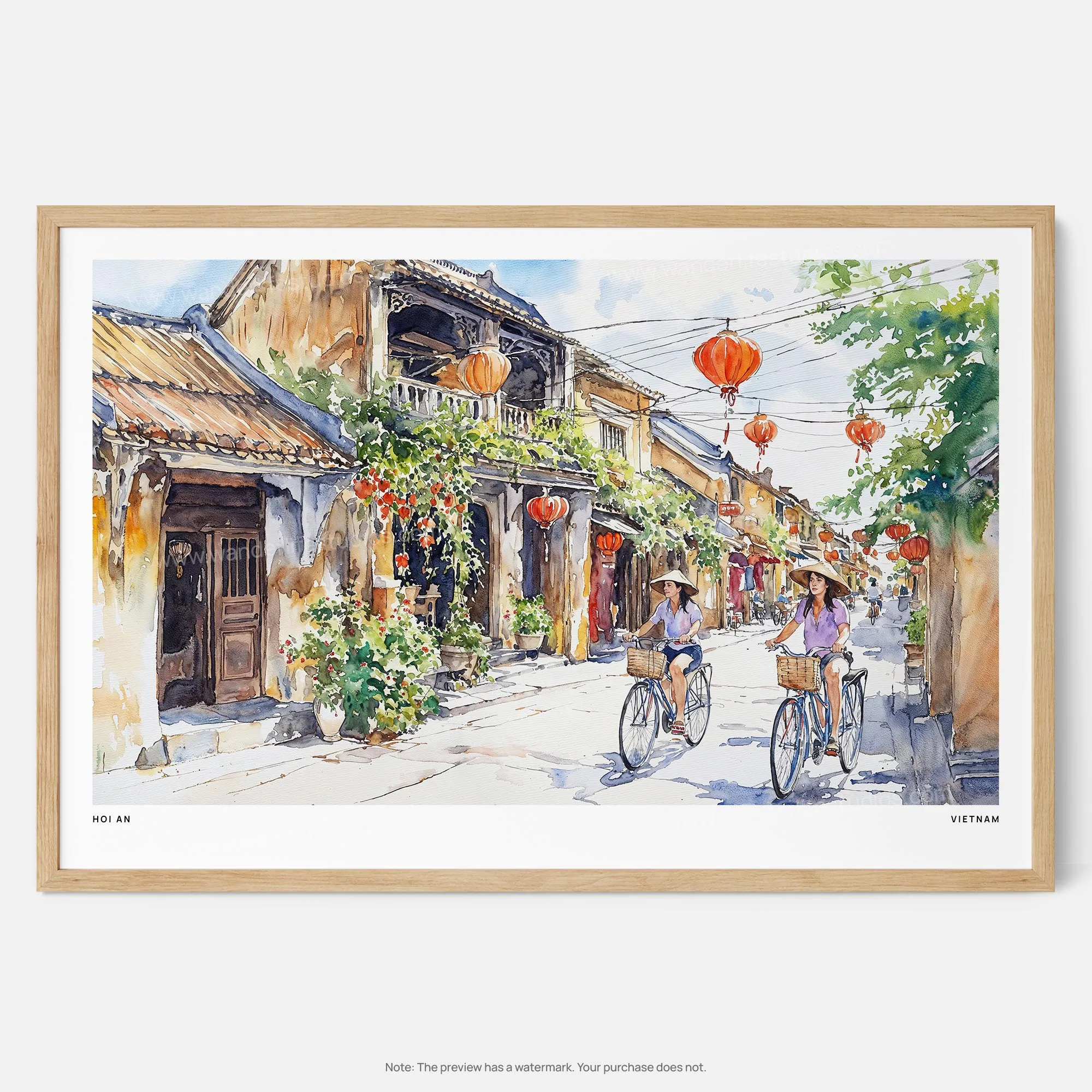 Hoi An Vietnam Watercolor Art Print – Charming Street Scene with Lanterns and Bicycles