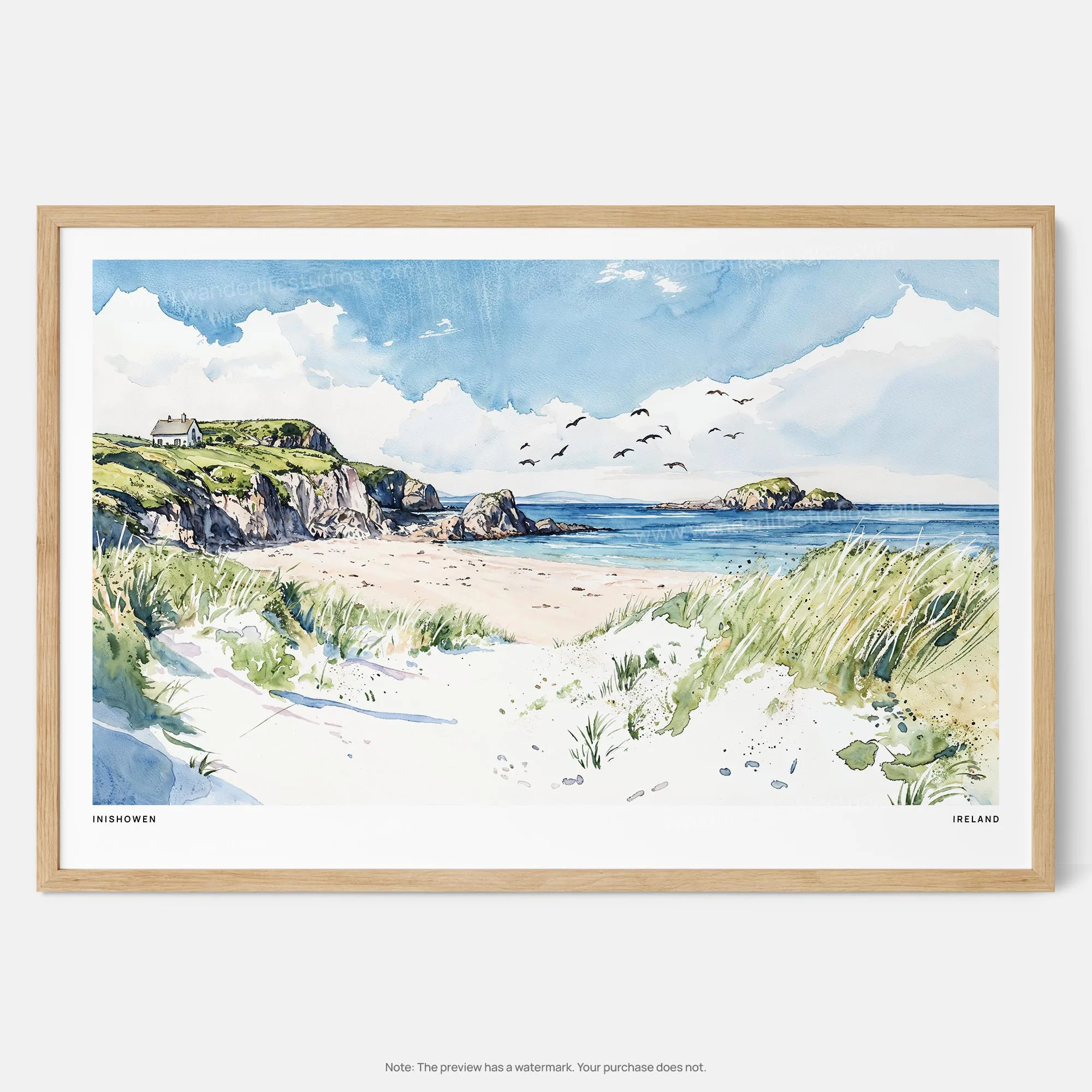 Inishowen Ireland Watercolor Art Print – Coastal Landscape Wall Art