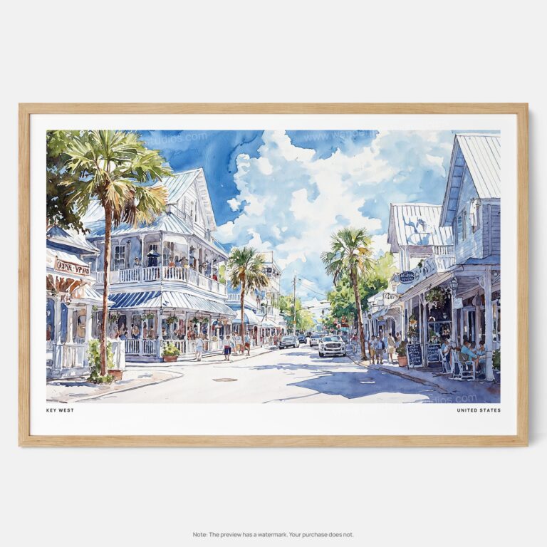 01 - Framed Key West Florida Duval Street Watercolor - Horizontal Art Print - Main.jpg