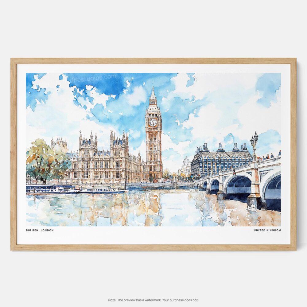 01 - Framed London Big Ben Watercolor - Horizontal Art Print - Main.jpg