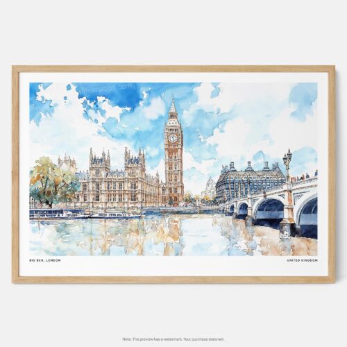 01 - Framed London Big Ben Watercolor - Horizontal Art Print - Main.jpg