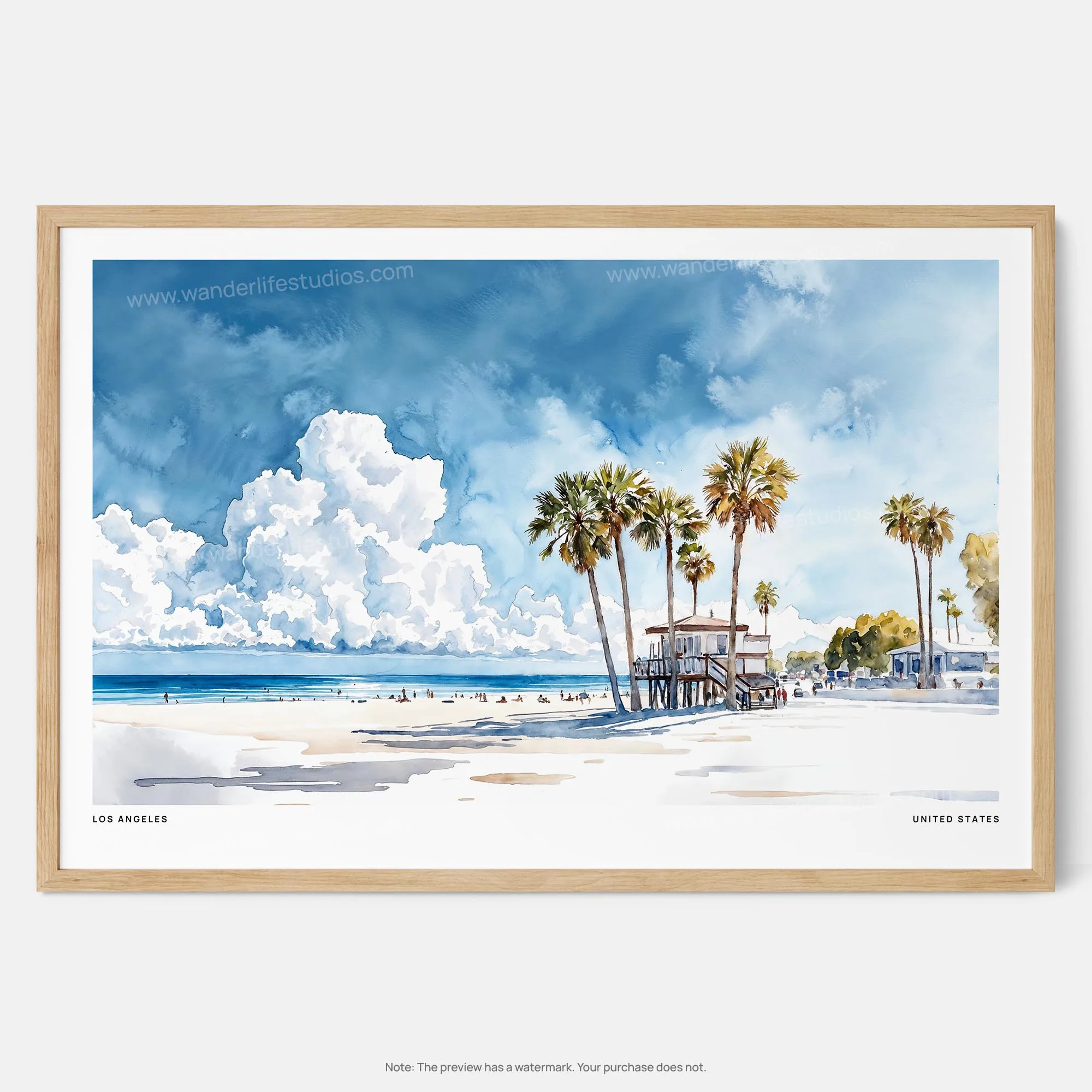Los Angeles Beach Watercolor Art Print – Coastal California Wall Decor