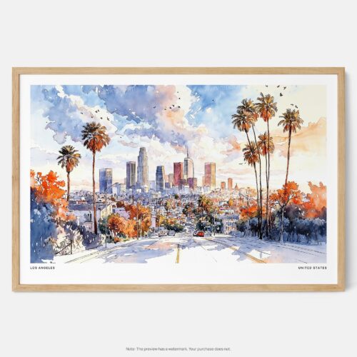 01 - Framed Los Angeles Skyline Watercolor - Horizontal Art Print - Main.jpg