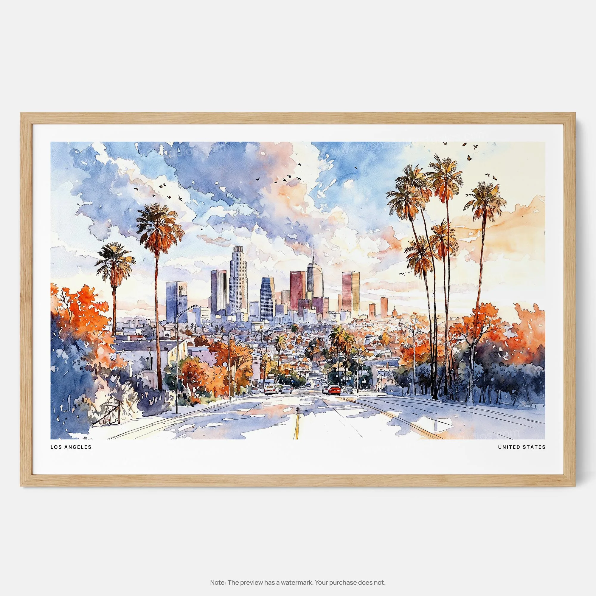 Los Angeles Skyline Watercolor Art Print – Vibrant Cityscape Wall Art