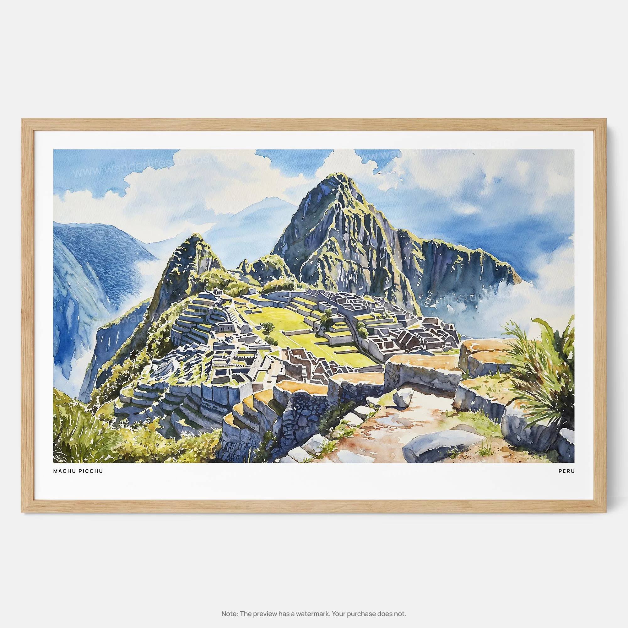 Machu Picchu Watercolor Art Print – Historic Landscape from Peru