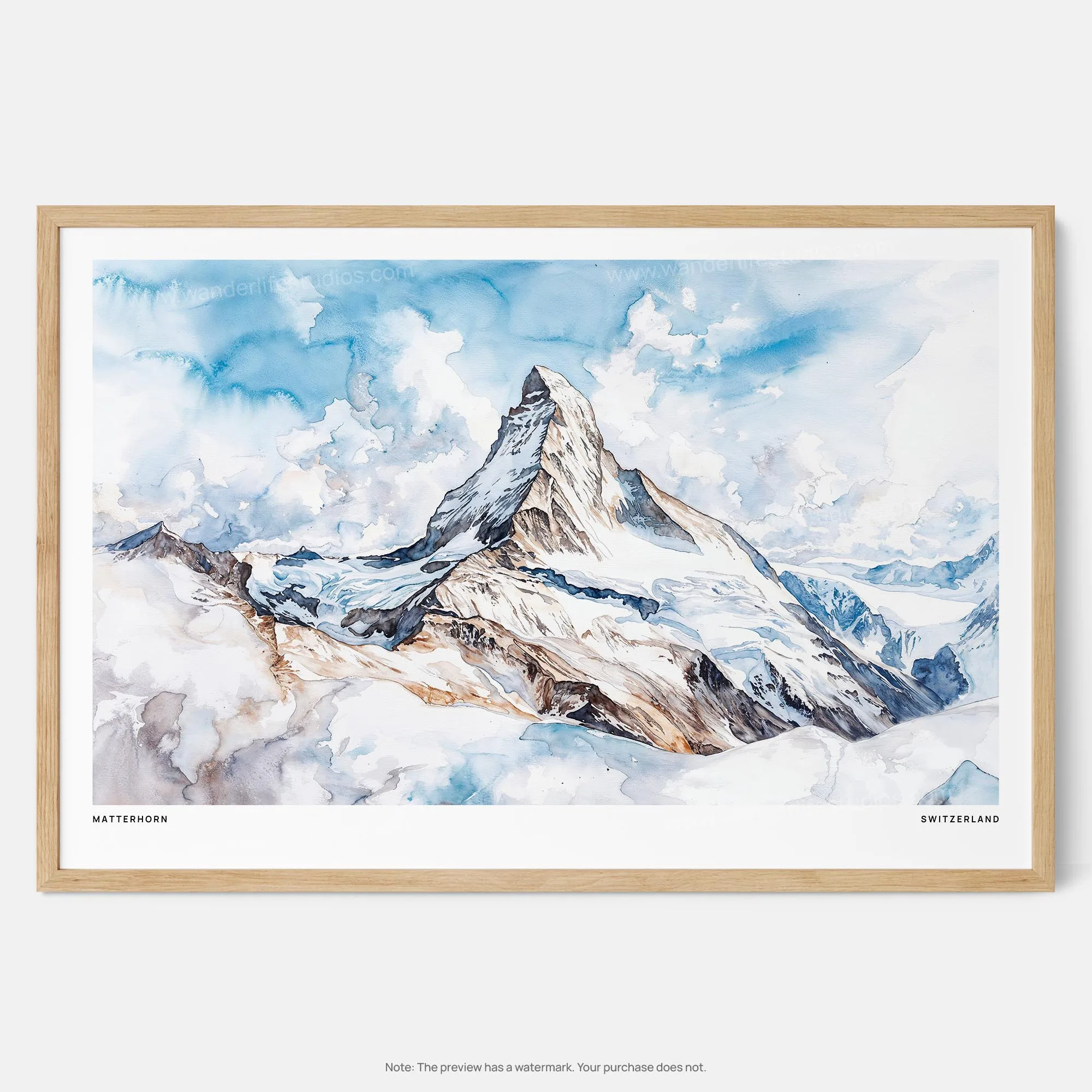 Matterhorn Watercolor Art Print – Majestic Swiss Mountain Landscape Decor