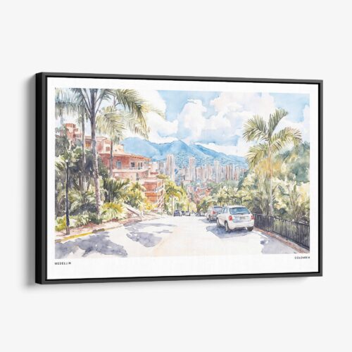 01 - Framed Medellin Watercolor - Horizontal Canvas Print - Main.jpg