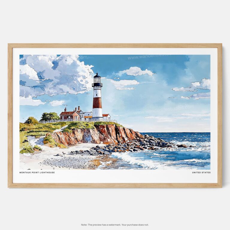 01 - Framed Montauk point lighthouse Watercolor - Horizontal Art Print - Main.jpg