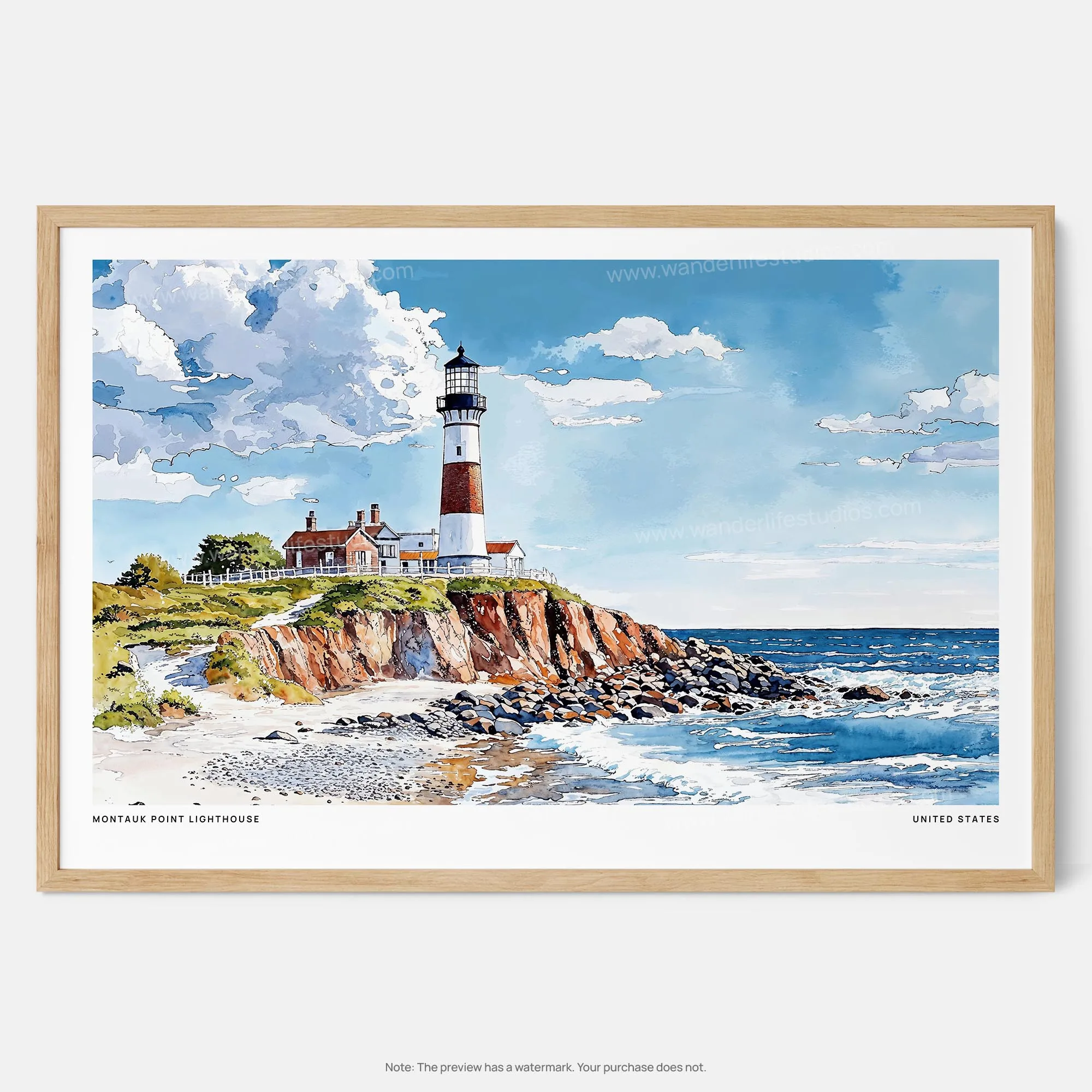 Montauk Point Lighthouse Watercolor Art Print – Coastal New York Landscape Wall Art