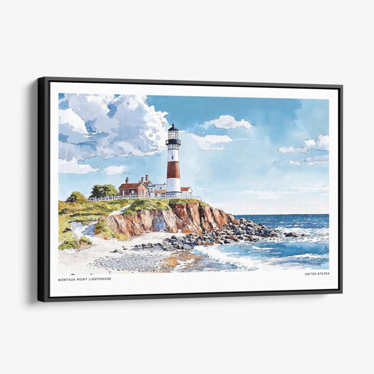 01 - Framed Montauk point lighthouse Watercolor - Horizontal Canvas Print - Main.jpg